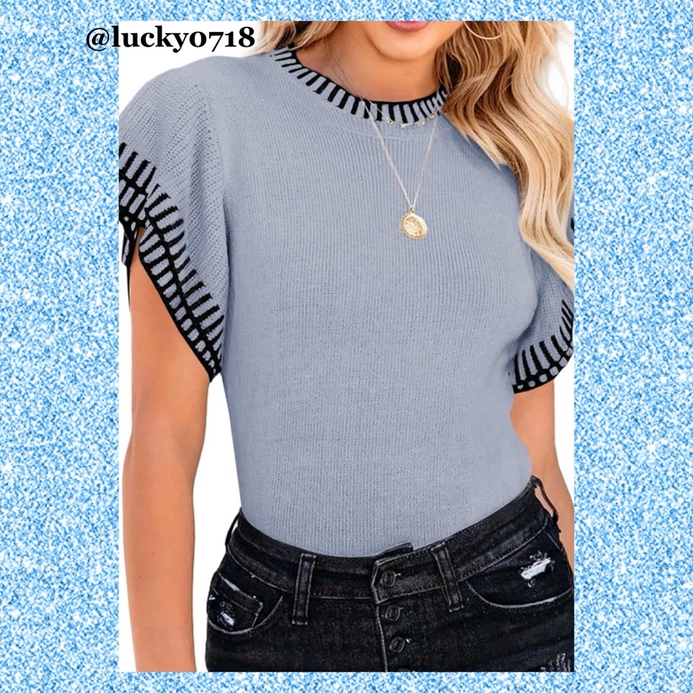 Saodimallsu EUC Ruffle Short Flutter Sleeve Knit Sweater Top in Blue Sz S